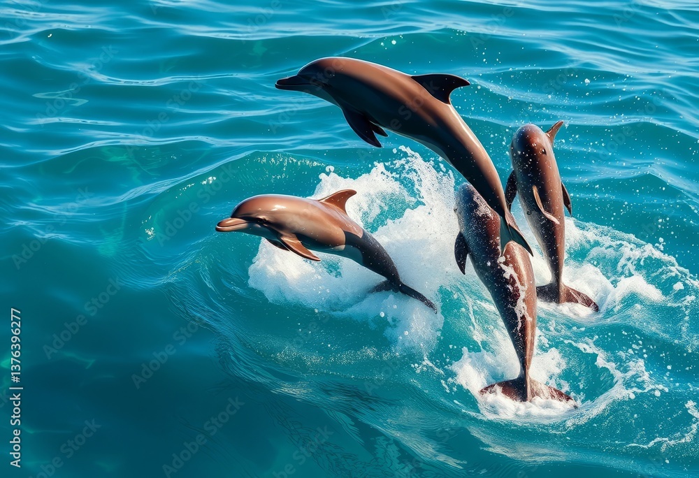 Obraz premium A pod of playful dolphins leaps and dances joyfully across the ocean's surface, their sleek bodies glistening in the sunlight, a captivating display of aquatic grace and energy.