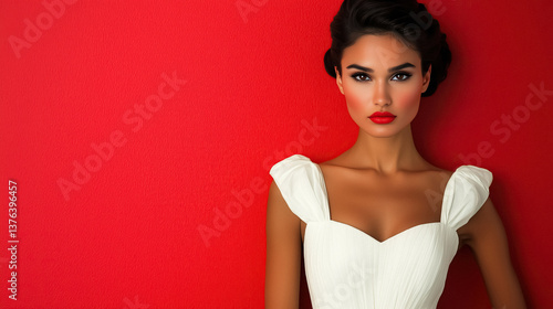 Wallpaper Mural Elegant woman with classic style wearing white dress posing against vibrant red textured background Torontodigital.ca