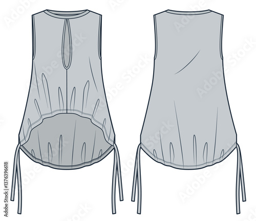 Tee Shirt fashion flat technical drawing template. Drawstring T-Shirt technical fashion Illustration, sleeveless, cutout, front and back view, grey, women, men, unisex Top CAD mockup.