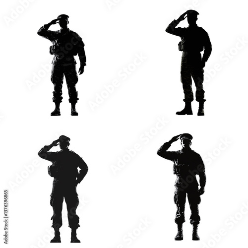 Soldier?s silhouette saluting isolated on white background