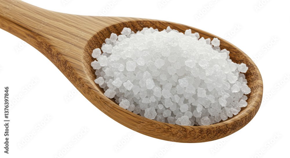A wooden spoon filled with a pile of white crystalline substance against a png transparent background close up view A wooden spoon filled with a pile of white crystalline substance against a png transparent background close up view