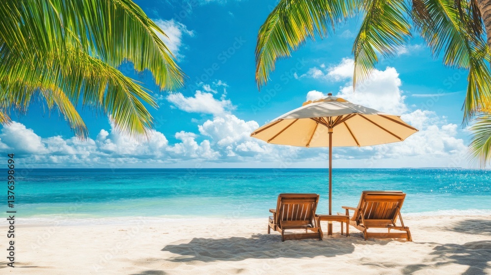 Fototapeta premium Tropical Beach with Lounge Chairs and Umbrella on Sunny Day