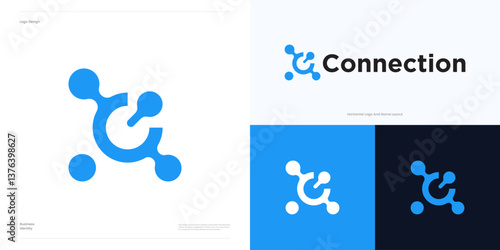 Molecule logo template vector icon, Symbol point circle or dot tech for global network technology and brand identity, Creative letter initial C sign logotype.