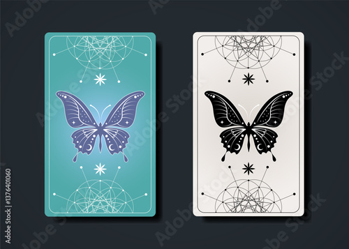Set tarot cards, esoteric butterfly occult sacred geometry sign, boho spiritual symbols, Flower of Life. Magic Seed of life sacred mandala. Colorful vintage vector collection
