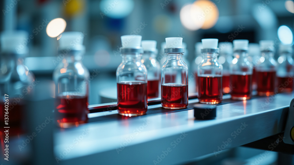 Vials of Red Liquid on Production Line Vials of Red Liquid on Production Line