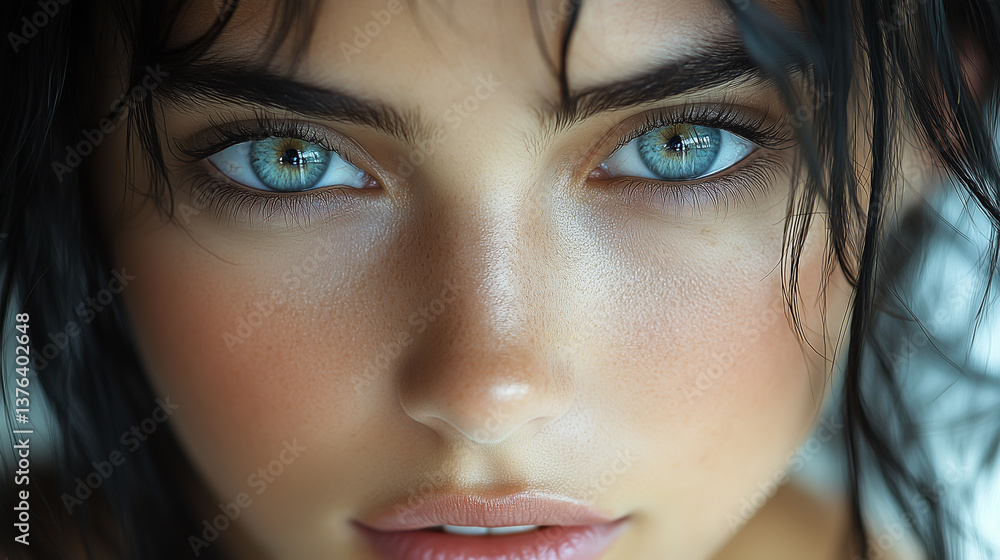 Fototapeta premium Close-up portrait of a young woman with an intense, passionate forward gaze. Beauty in females, model shoot, young girl, fashion and beauty themes.