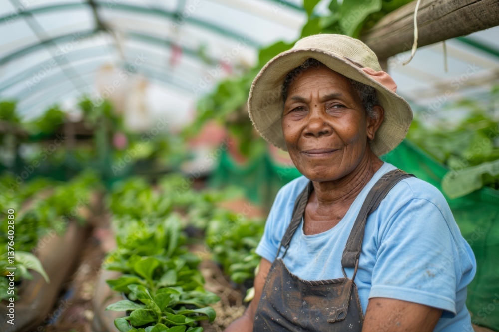 Obraz premium Interior of a greenhouse with a middle aged African American female farmer