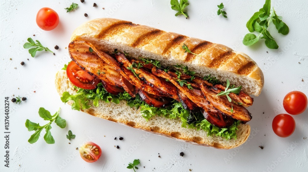 Overhead view of a gourmet sandwich loaded with fresh meat and crisp vegetables on a wooden cutting board Overhead view of a gourmet sandwich loaded with fresh meat and crisp vegetables on a wooden cutting board