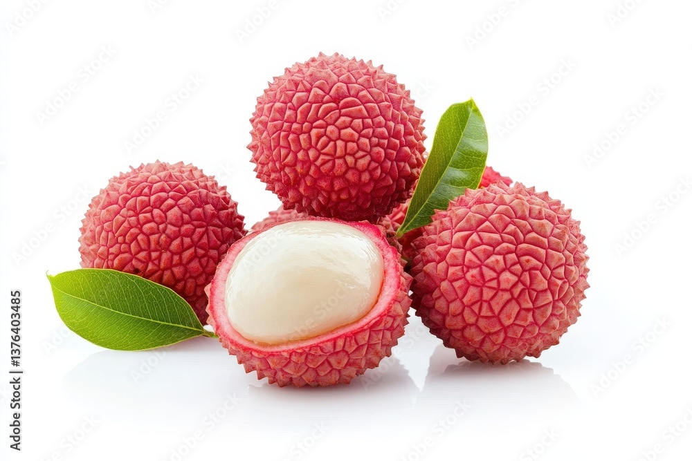 Fresh red lychee fruit with green leaves are shown on white background Fresh red lychee fruit with green leaves are shown on white background