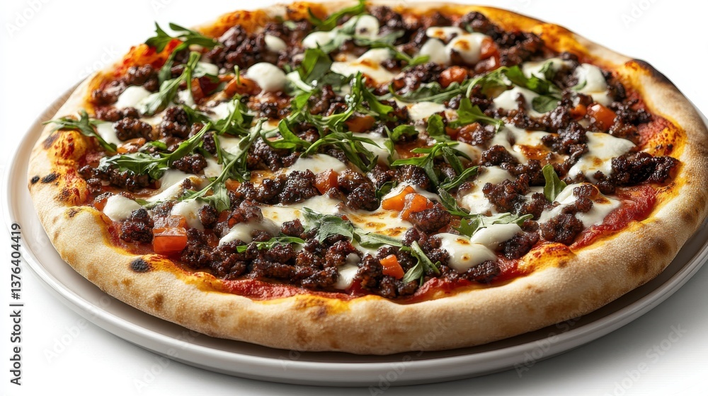 Overhead perspective of a gourmet pizza loaded with a variety of toppings including cheese, vegetables, and meats Overhead perspective of a gourmet pizza loaded with a variety of toppings including cheese, vegetables, and meats