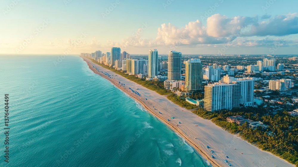Naklejka premium Aerial View of Miami Beach Coastline with Turquoise Water and City Skyline