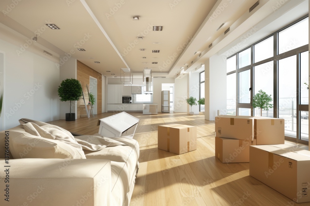 Fototapeta premium Interior of a modern empty apartment with moving boxes