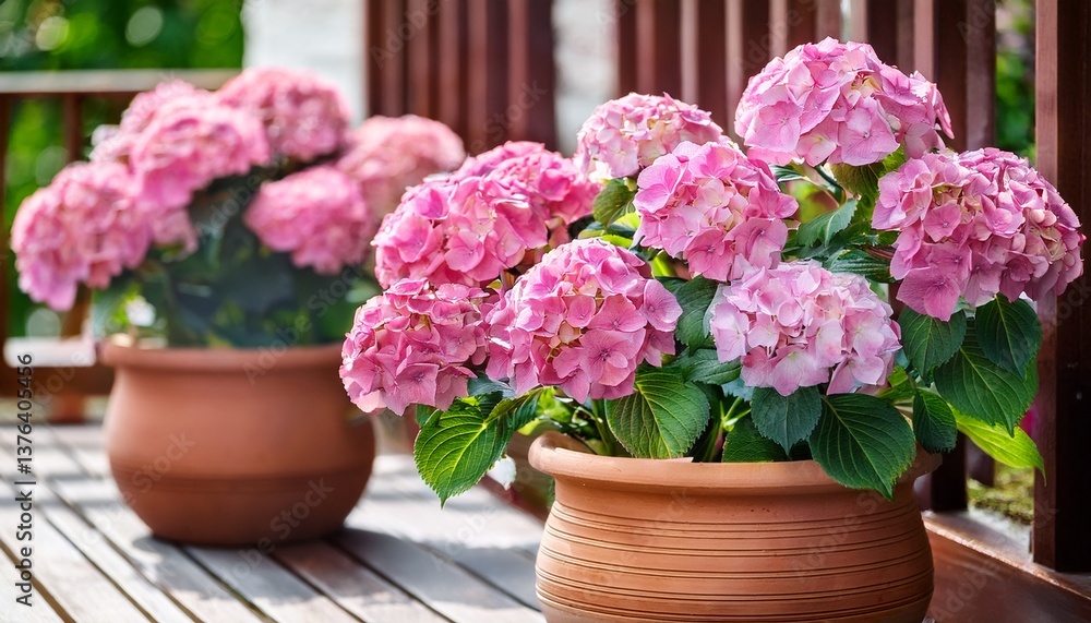 Close-up of pink and purple hydrangea flowers in terracotta pots on a terrace. Generated image Close-up of pink and purple hydrangea flowers in terracotta pots on a terrace. Generated image