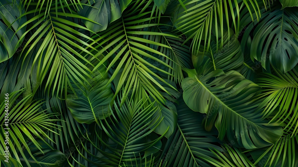 Lush tropical leaves create a vibrant natural backdrop in a serene environment filled with various shades of green Generative AI Lush tropical leaves create a vibrant natural backdrop in a serene environment filled with various shades of green Generative AI