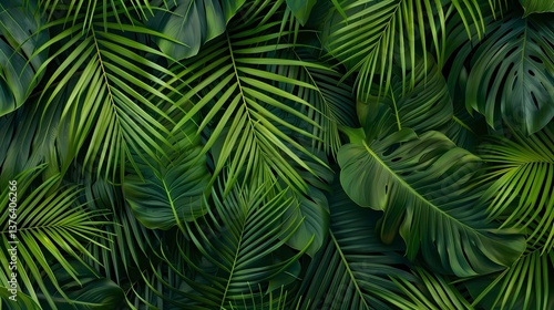 Lush tropical leaves create a vibrant natural backdrop in a serene environment filled with various shades of green Generative AI
