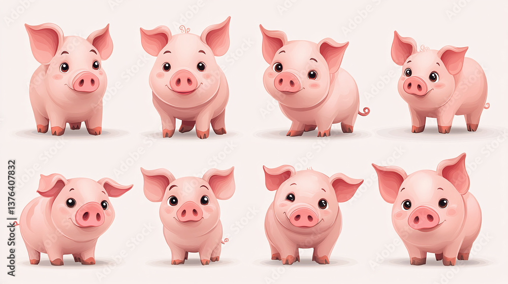 Funny pig with different pose. Farm animals set with pig isolated on on white background. Vector illustration Funny pig with different pose. Farm animals set with pig isolated on on white background. Vector illustration
