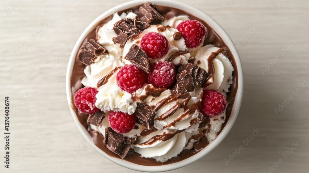 Overhead view of a delicious dessert featuring rich chocolate, fresh raspberries, and ice cream for a sweet indulgence Overhead view of a delicious dessert featuring rich chocolate, fresh raspberries, and ice cream for a sweet indulgence