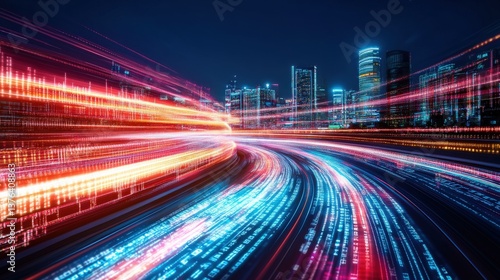 Dynamic light trails of urban highways at night vibrant cityscape long exposure