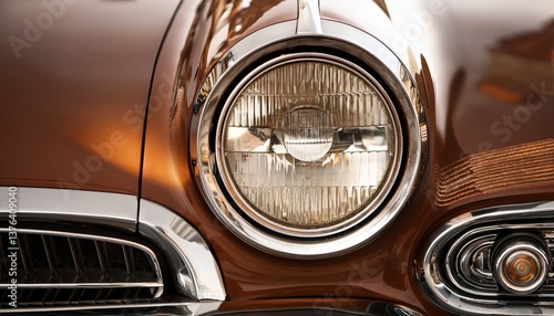 Closeup of classic brown car headlight with chrome accents. Vintage auto detail. Generated image