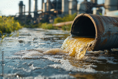 Sewage discharge from a pipe into a river. Dumping of industrial waste into a clean river. Environment and Climate changes	