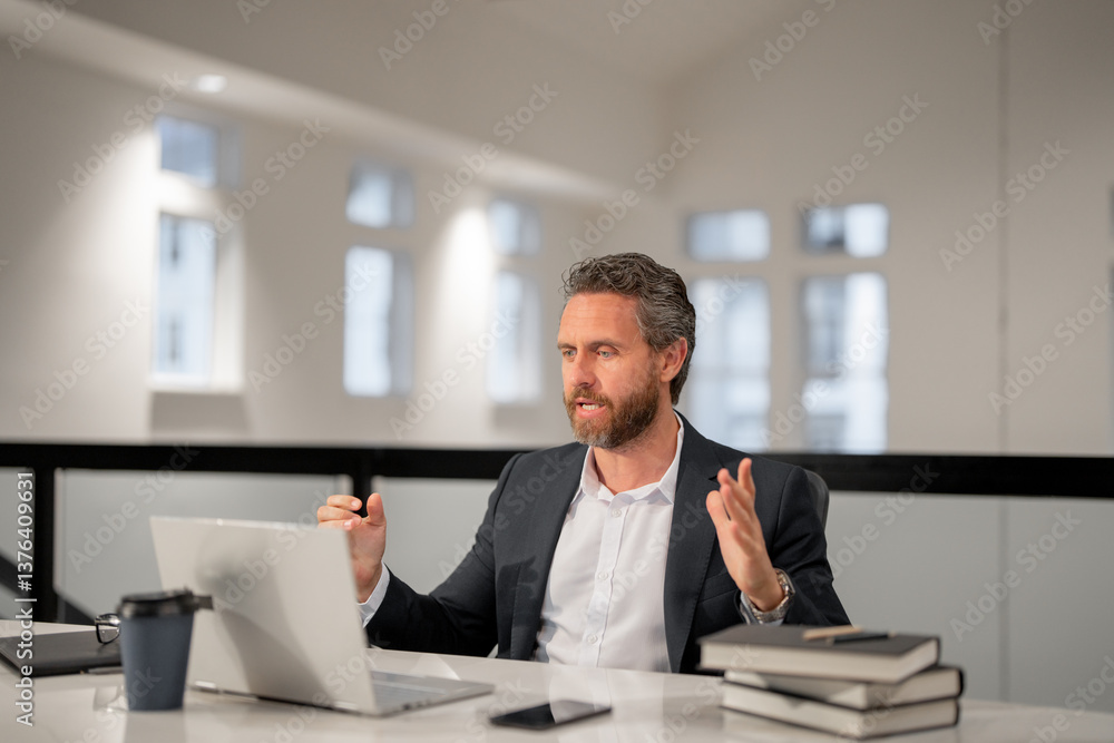 Naklejka premium Middle aged businessman working with laptop in office. Hispanic business man using laptop. Millennial man using laptop at office workplace. Ceo manager office worker business people working at office.