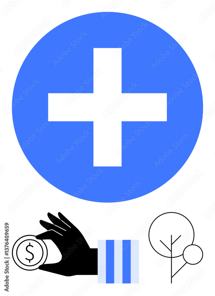 Fototapeta premium Large blue cross, hand with coin featuring dollar sign, minimalist tree outline. Ideal for healthcare, finance, investment, growth, sustainability donation decision-making. Flat simple metaphor