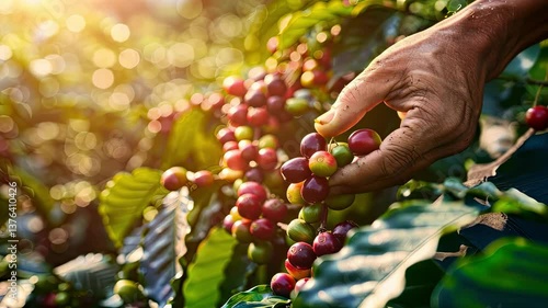hands pick coffee beans. Selective focus