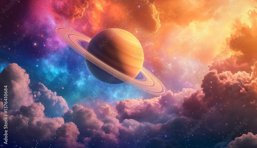 Fototapeta premium Saturn Rising Above Colorful Nebula Clouds in Space Fantasy Art