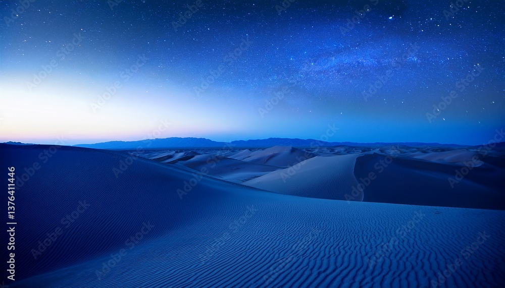Naklejka premium 青い砂漠と星空の夜明け幻想風景5