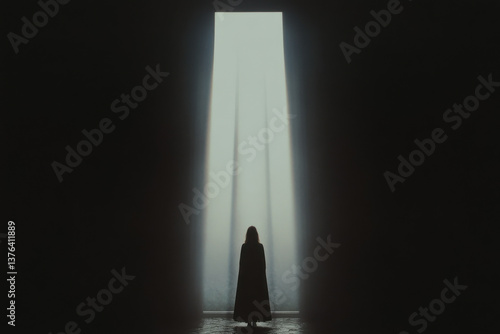 Wallpaper Mural A woman stands in a dark room with a long, narrow light shining on her Torontodigital.ca