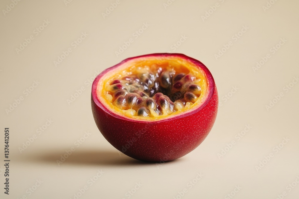 A close up shot of a halved passion fruit A close up shot of a halved passion fruit