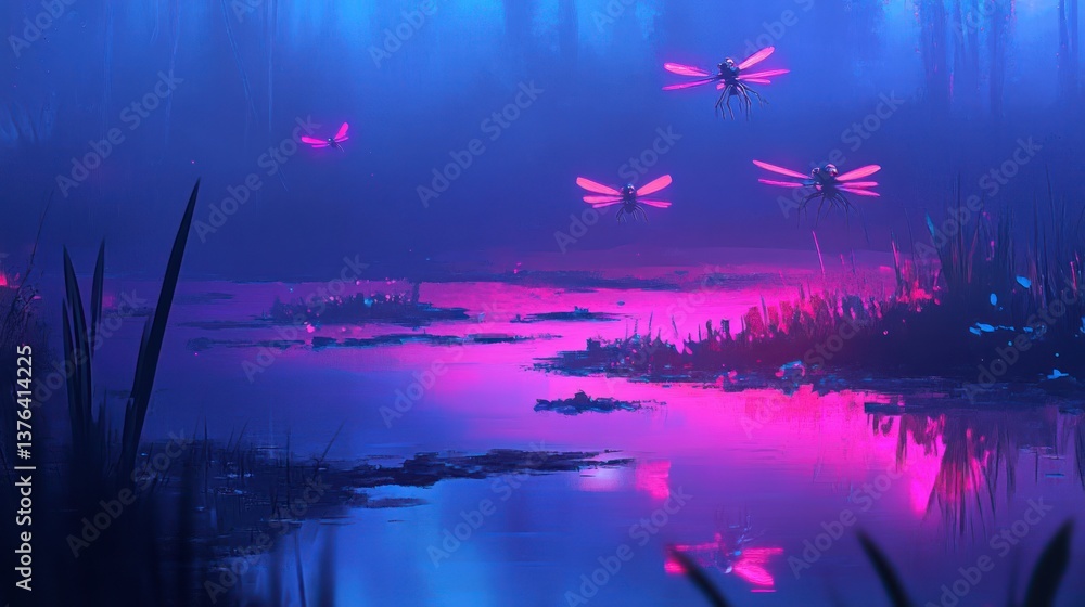 Fototapeta premium Glowing insects fly over a mystical neon colored swamp at dusk