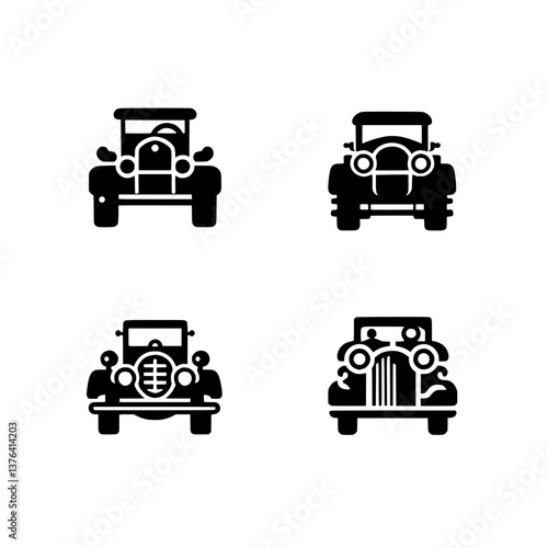 Four vector unique designs of vintage cars are displayed, highlighting their distinctive front views on a transparent background