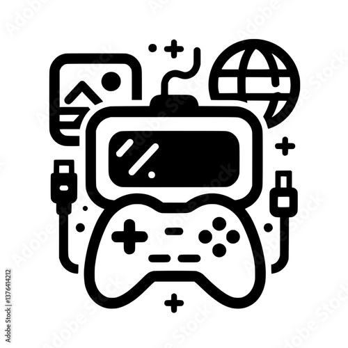 Vector design featuring a gaming controller connected to a globe, capturing the essence of online gaming, technology, and digital interaction