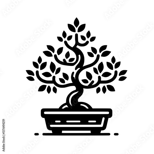 Detailed bonsai tree illustration showcasing a harmonious balance of branches and leaves in a classic pot, perfect for design elements