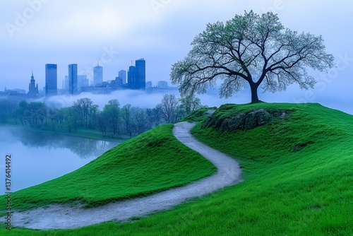 A foggy morning at the KoÅ›ciuszko Mound, with a panoramic view of KrakÃ³w skyline in the distance