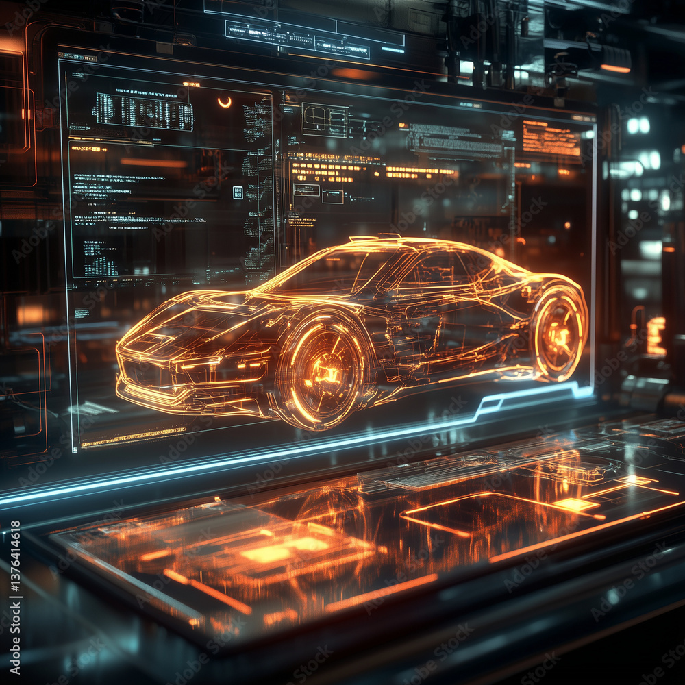Futuristic electric vehicle tech industry concept. Virtual graphic user interface displays detailed car repair analysis. Transparent vehicle model displayed on screen. Modern auto repair garage Futuristic electric vehicle tech industry concept. Virtual graphic user interface displays detailed car repair analysis. Transparent vehicle model displayed on screen. Modern auto repair garage