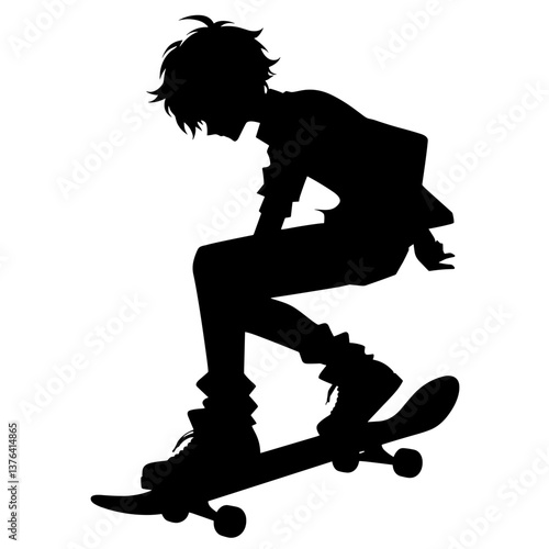 Anime boy skateboarding in silhouette style