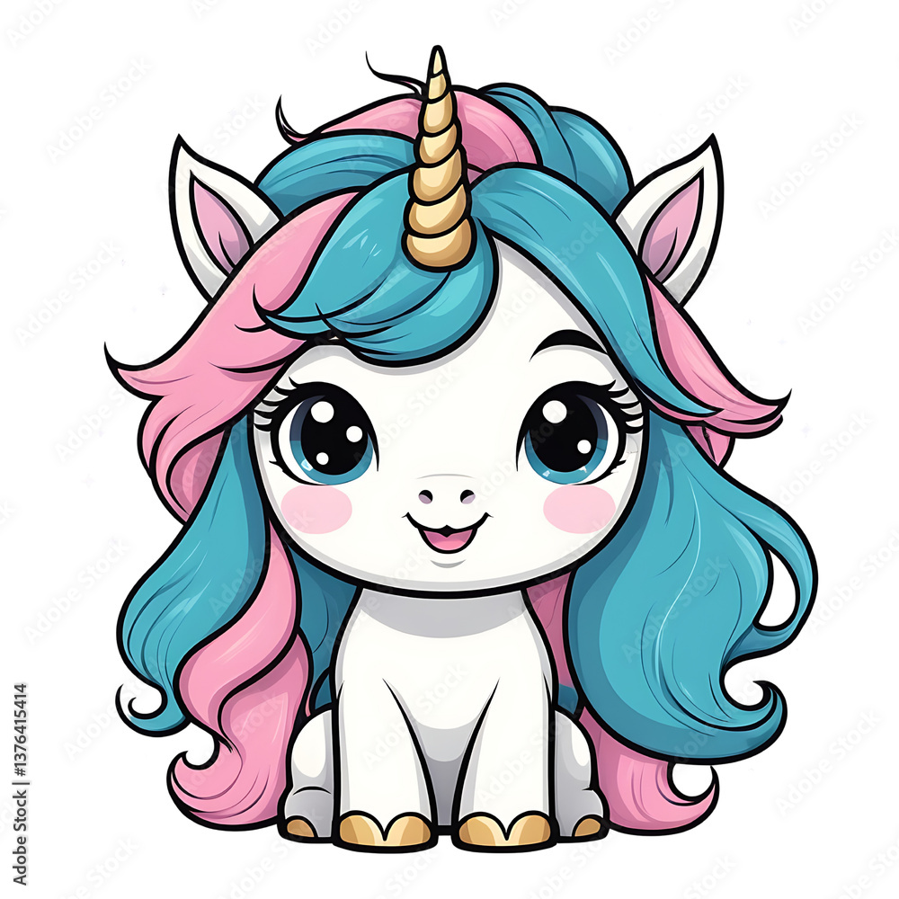 Fototapeta premium Colorful unicorn character with happy expression kids illustration
