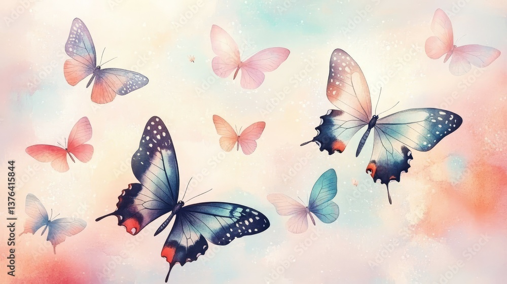 Serene Butterfly Ballet Ethereal Watercolor Illustration with Delicate Pastel Wings and Airy Composition, Perfect for Wall Art and Dreamy Designs Serene Butterfly Ballet Ethereal Watercolor Illustration with Delicate Pastel Wings and Airy Composition, Perfect for Wall Art and Dreamy Designs