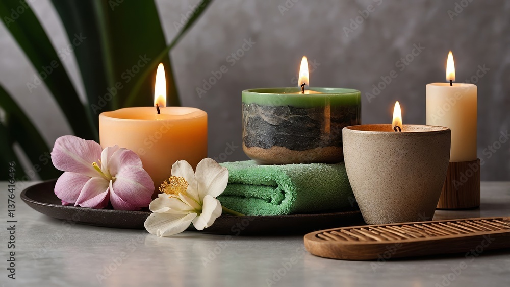 Set of scented candles with flowers and towels arranged on a decorative plate in a serene spa setting Set of scented candles with flowers and towels arranged on a decorative plate in a serene spa setting