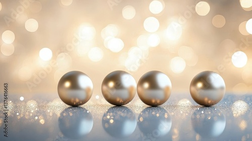 Golden Elegance Reflective Metallic Spheres in Warm Bokeh Lights - Luxurious Modern Composition for Holiday Promotions and Graphic Design