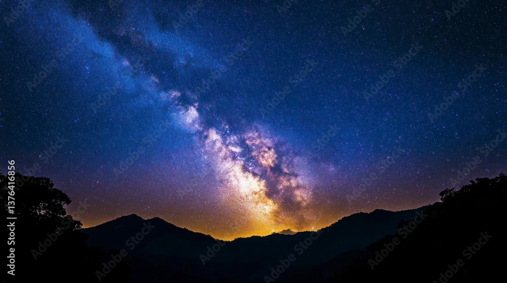 Milky Way Over Dark Mountain Range with Vibrant Starry Night Sky Milky Way Over Dark Mountain Range with Vibrant Starry Night Sky