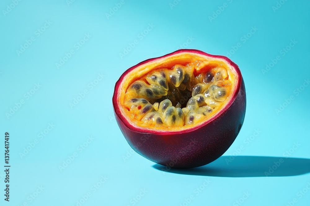 A sliced passion fruit resting on a bright blue background A sliced passion fruit resting on a bright blue background
