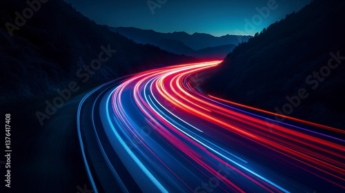 Streaking Car Light Trails on Mountain Road at Night with Blue Sky