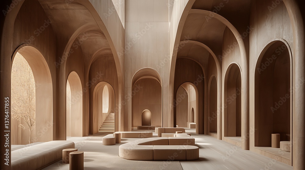 Obraz premium Interior design Arched hall with seating. Minimalist style; background light for architecture promotion