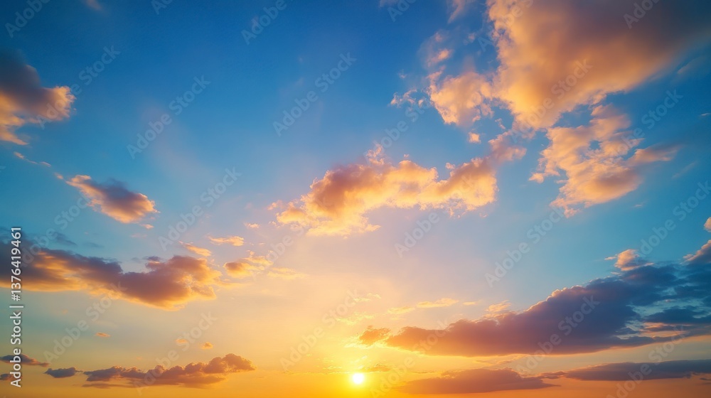 Scenic Sunset Sky with Golden Light and Clouds in Blue Sky Scenic Sunset Sky with Golden Light and Clouds in Blue Sky