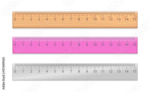 School plastic, wooden and metal rulers with centimeter scale. Set of office measuring tools with millimeters scale and numbers up to 15 isolated on white background, vector realistic illustration