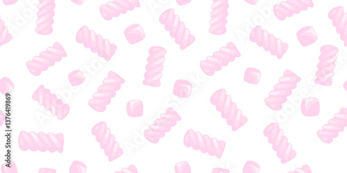 Pink marshmallows seamless pattern. Abstract background with 3d twisted and cube sweets. Seamless pattern with cute pink swirly candies, marshmallow or gummy, vector illustration