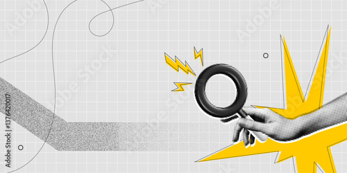 Trendy Halftone Collage Hand holding magnifying glass for searching information or job. Seo marketing. Modern banner with empty copy space. Yellow lightnings. Contemporary vector illustration art